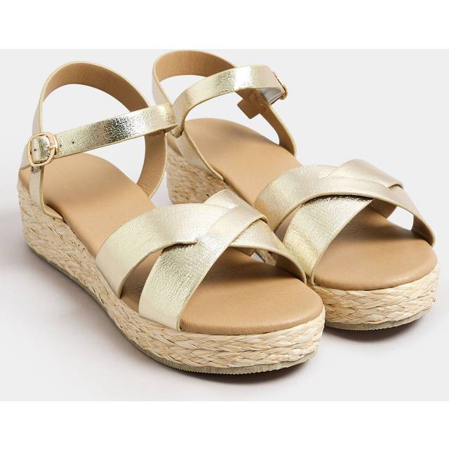Gold Cross Strap Platform Wedge Sandals In Wide E Fit & Extra Wide eee Fit - 6EEE