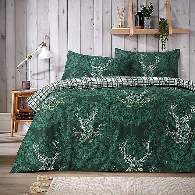 Olivia Rocco Stag Duvet Cover Set Cosy Highland Cotton Rich Quilt Covers Reversible Check Premium Bedding Bed Linen Sets, Double Emerald Green