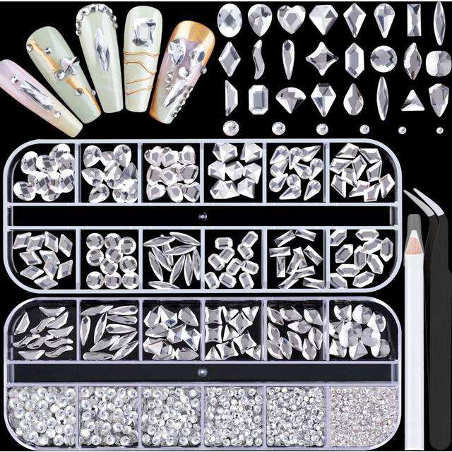 1680Pcs Silver Clear Nail Rhinestones 180Pcs Multi Shapes Glass Flatback Nail Gems + 1500Pcs 1.5-4mm Round Crystal  Manicure Nail Charms Diamond Gemst