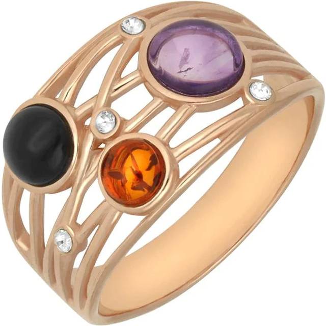 Rose Gold Plated Sterling Silver Whitby Jet Amethyst Amber Bubble Ring - L