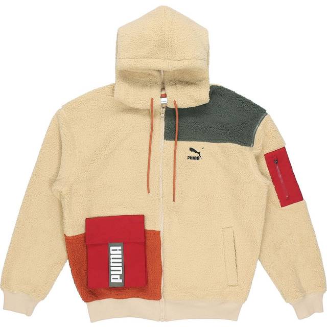 PUMA Retro Block Sherpa Full-Zip Hoodie 'Beige Red Green' 530711-12 - Beige/Black/Red