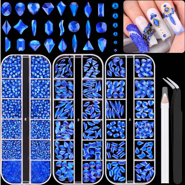 2750Pcs Royal Blue Glass Nail Rhinestones 240Pcs Multi Shapes Flatback Nail Gems + 2510Pcs 1.5-4mm Round Crystal  Manicure Nail Charms Diamond Gemston
