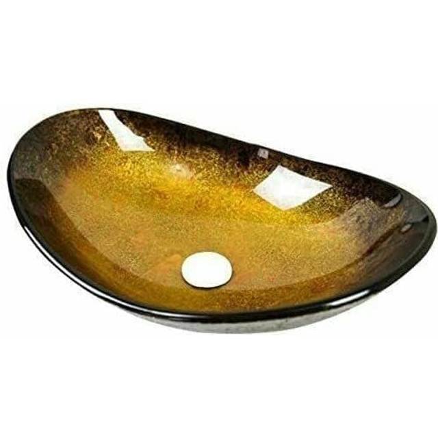 ( Oval Gold) BELOFAY Modern Glass Design Bathroom Counter Top Wash Basin Sink, Glass Bowl Cloakroom Basin for Vanity Cabinet, Toilets and Bathrooms