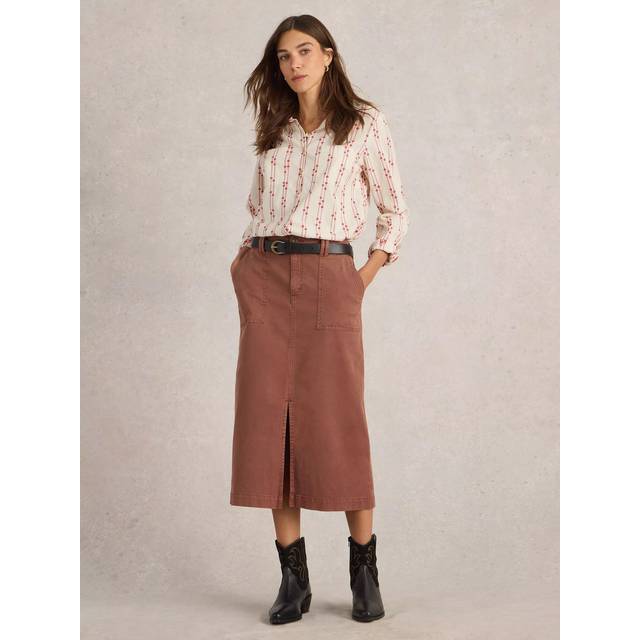 White Stuff Maren Organic Cotton Rich Midi Skirt, Dark Tan