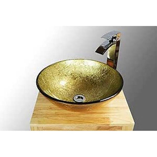 ( Flash Gold) BELOFAY Modern Glass Design Bathroom Counter Top Wash Basin Sink, Glass Bowl Cloakroom Basin for Vanity Cabinet, Toilets and Bathrooms