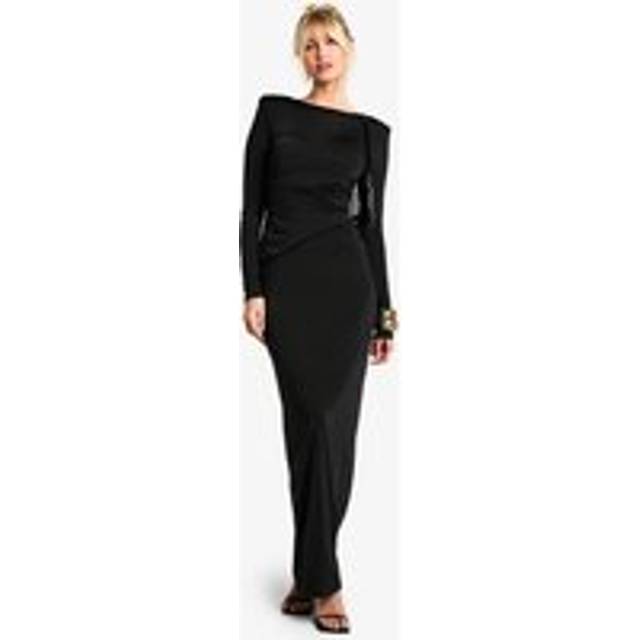 Womens Shoulder Pad Ruched Drape Slinky Maxi Dress - Black - 8, Black