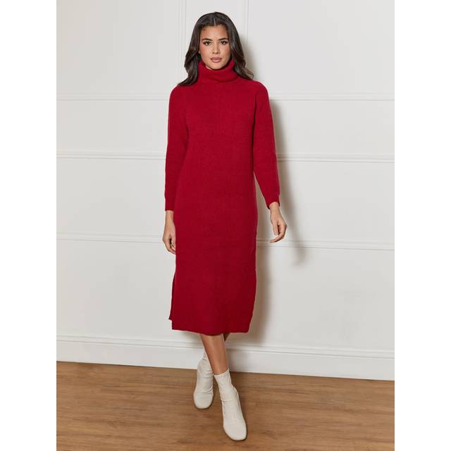 Roll Neck Oversized Jumper Dress in Red - L