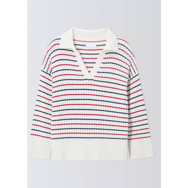 John Lewis ANYDAY Stripe Polo Neck Jumper, Cream/Red/Navy