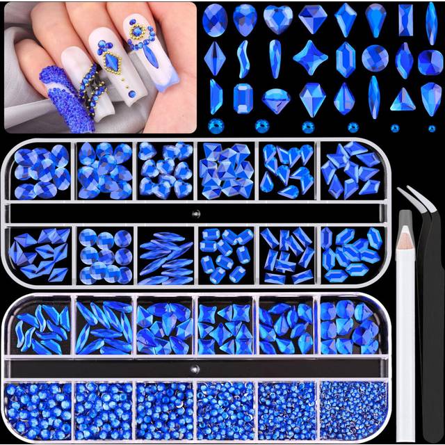 1680Pcs Royal Blue Glass Nail Rhinestones 180Pcs Multi Shapes Flatback Nail Gems + 1500Pcs 1.5-4mm Round Crystal  Manicure Nail Charms Diamond Gemston