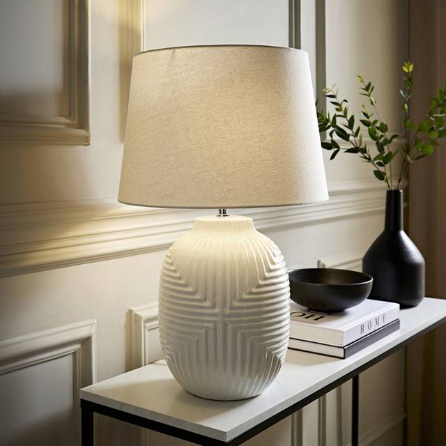Harrison White Ribbed Ceramic Table Lamp Tapered Shade Small Medium Large Led