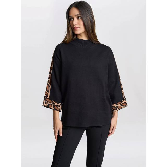 Gina Bacconi Leopard Print Trim Jumper, Black, One Size