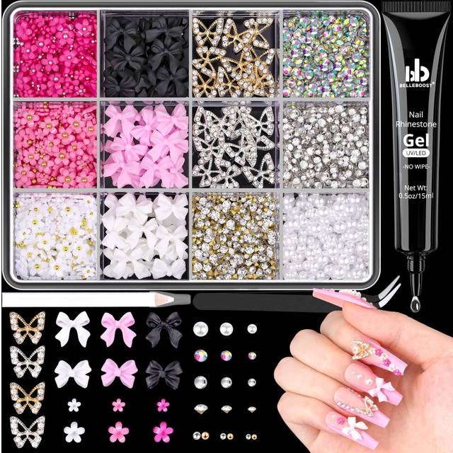 3D Nail Charms and Gems Set 10 with Rhinestone Glue  20PCS Chunky Butterfly Charms + 60PCS Nail Bows in 2 Styles + 3D Flowers with Crystals  Pearls  D