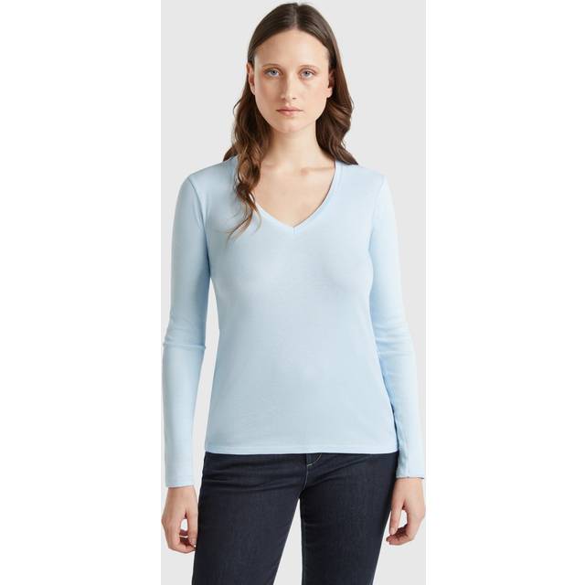 Benetton, Long Sleeve T-shirt With V-neck, size S, Sky Blue, Women