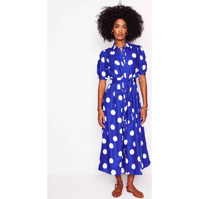 Boden Alexa Polka Dot Pure Linen Dress, Blue/White