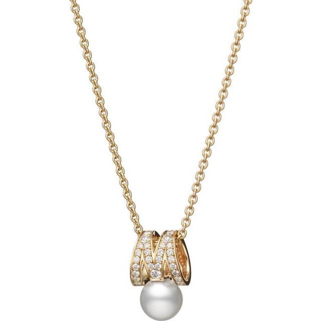 Mikimoto 18ct Yellow Gold Akoya Pearl & 0.33ct Diamond M Signature Necklace