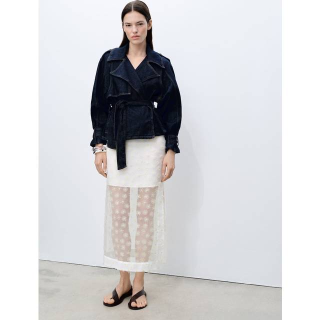 Mango Dacy Floral Embroidered Sheer Midi Skirt, Natural White
