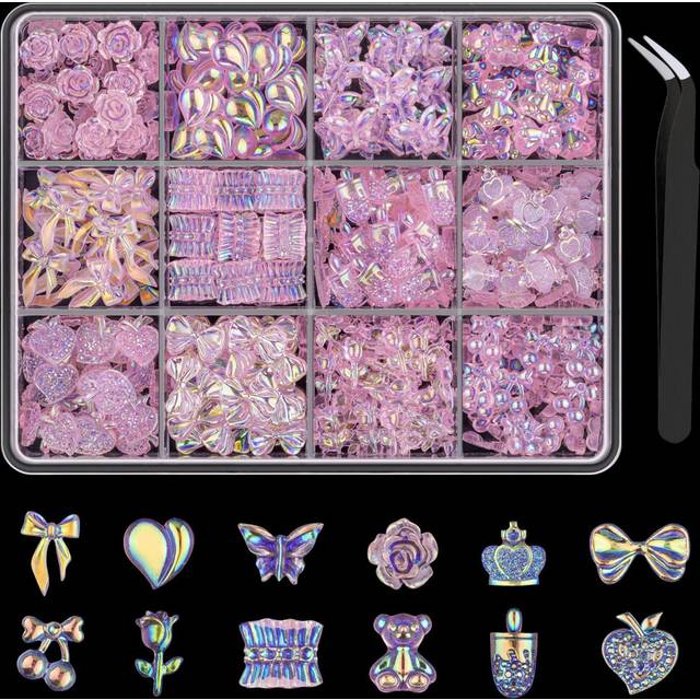 Multi Shapes Acrylic Nail Charms for 3D Nail Art  Pink Heart Flower Bow Star Butterfly Pearl Starry AB Gems and Cute Charms for DIY Decorations and Na