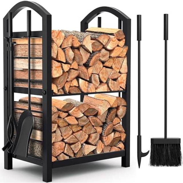 Amagabeli Fireplace Log Rack with 4 Fireplace Tools 75cmx40cmx30cm Wrought Iron Firewood Holders Indoor Wood Stove Outdoor Fireplace Heavy Duty Wood
