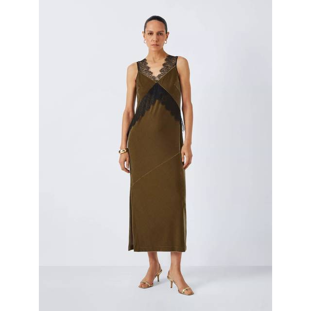 John Lewis Velvet Slip Dress, Olive