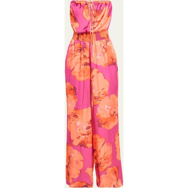 Mindy Watercolor Bloom Strapless Wide-Leg Jumpsuit - WILD ROSE WATERCOLOR BLOOM PRINT - Large