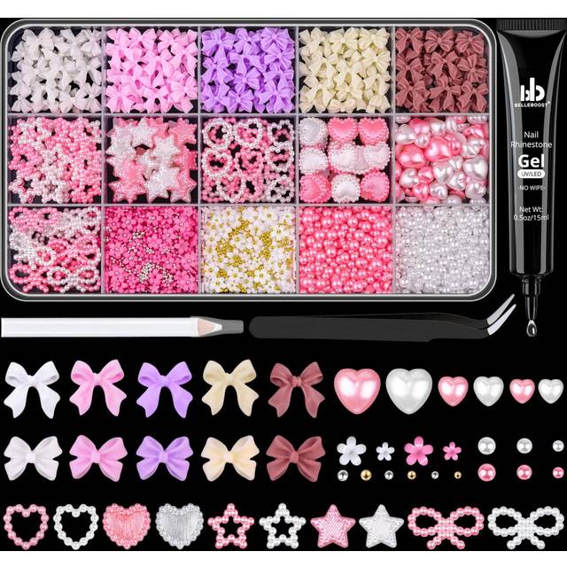 3D Nail Charms for Coquette Nails Design with Rhinestone Glue Set 5  Colorful Nail Bow Charms + Pearl Heart Star Moon Bowknot Nail Jewels + 3D Flowers