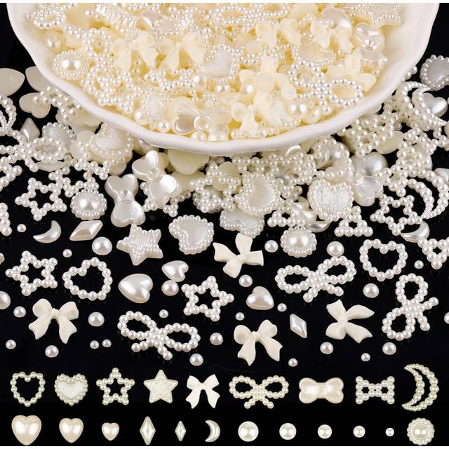 1200Pcs 3D Multi Shapes Nail Charms and Flatback Pearls  Beige Mix Styles Heart Star Bow Sunflower Embellishments for Nail Art  Craft and Decoration w