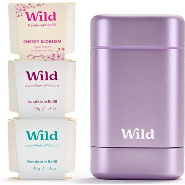 Wild - Purple Case with Refill Variety Pack - Natural Refillable Deodorant - Aluminum Free - Includes Fresh Cotton & Sea Salt  Cherry Blossom and Coco