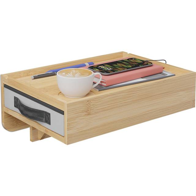 Relaxdays - Clip-On Bedside Table, Bamboo, 14 x 37 x 26.5 cm, Drawer, Drink Holder, Hanging Tray, Floating Shelf, Natural