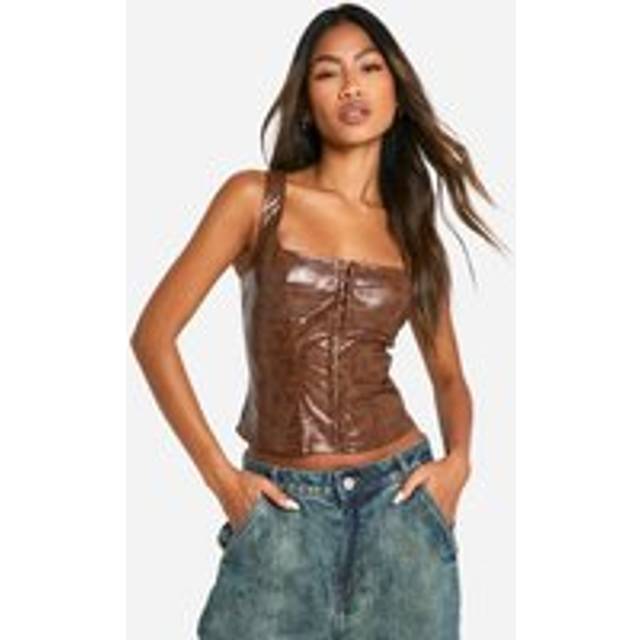 Womens Croc Faux Leather Hook And Eye Corset - Brown - 8