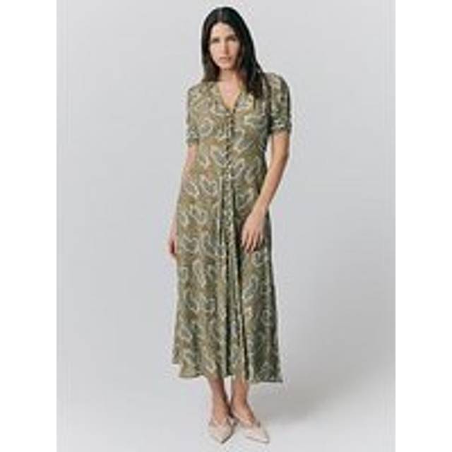 Ghost Flo Paisley Button Through Crepe Midi Tea Dress, Olive/Multi