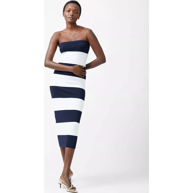 French Connection Monochrome Bodycon Knit Midi Dress, Summer White/Marine