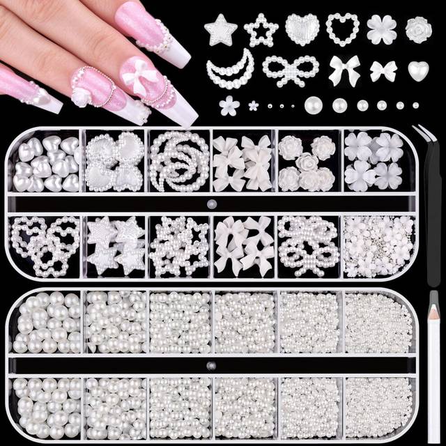 Flatback Pearls (White) and 3D Flowers for Nail Art  Half Round Pearls Heart Bows Camellia Mix Styles Pearl Nail Charms Accessories for Home DIY and P