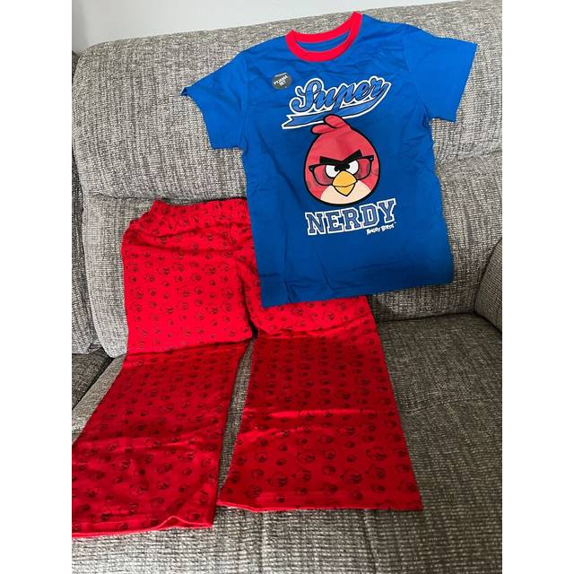 M&s boys super nerdy angry birds blue long bottoms short top pyjamas 6-7 yrs £13