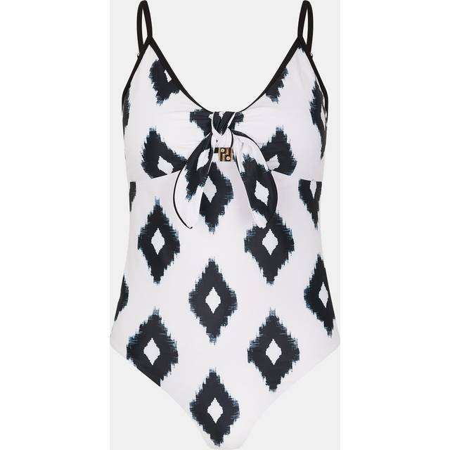 Monochrome Print Tie Front Swimsuit Ivory, Size: 16 - Accessorize
