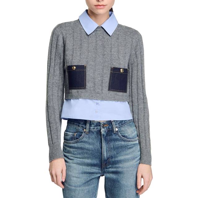 Pull en maille à trompe l'oeil - Gris - 1