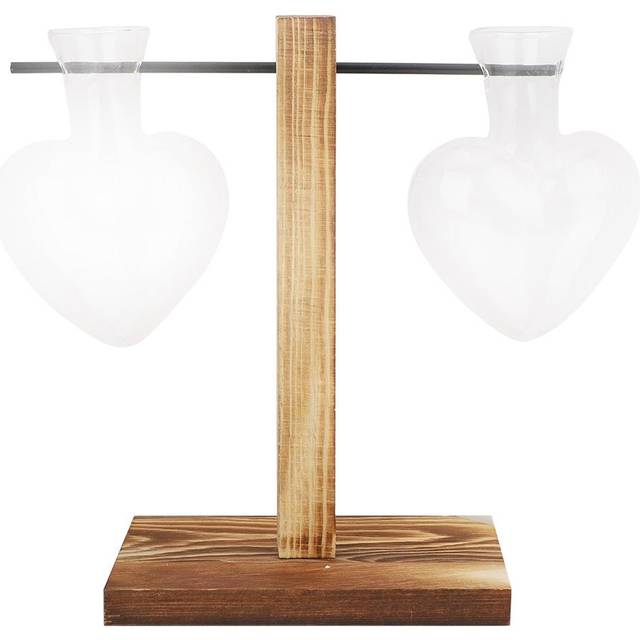 Glass Vase with Wooden Stand Heart Ball Shape Hydroponic Plant Container Tabletop Desk Decor