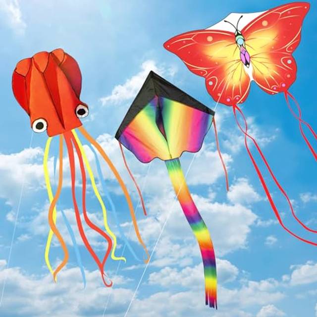3 Pack Kites - kites for children and adults, Large Rainbow Kids Kite Butterfly Kites Red Mollusc Octopus for Outdoor Game Activities, Beach Games