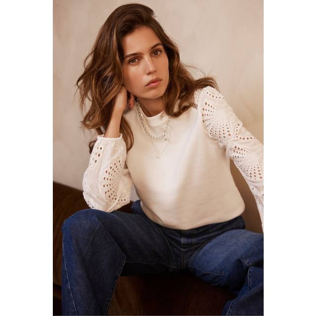 Mint Velvet Broderie Sleeve Sweatshirt, Ivory