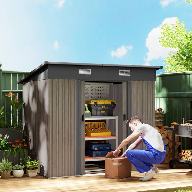 7 x 4ft Outdoor Garden Storage Shed for Backyard Patio Grey Wood Grain - Outsunny