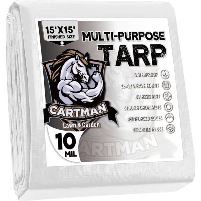 CARTMAN Finished Size 15x15 Feet 10 Mil White Heavy Duty Poly Tarp  Multipurpose Protective Cover  UV Resistant  Waterproof Poly Tarpaulin with Reinfo