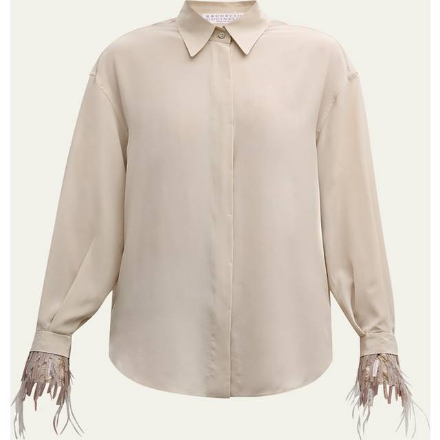 Chandelier Feather-Cuff Crepe De Chine Blouse - SAND - Small