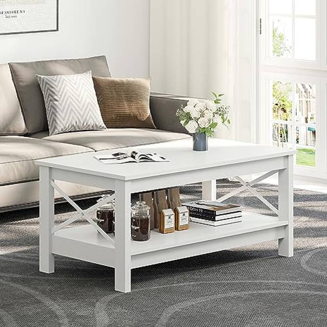 YITAHOME Coffee Table, Small 2-Tier Wooden Coffee Table with Storage Shelf, 100x55.3x45cm White Coffee Tables for Living Room, Super Stability,