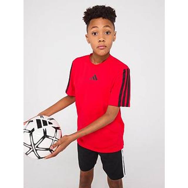 adidas Junior Boys Train Essentials 3 Stripe T-Shirt - Red, Pure Ruby/Black, Size 15-16 Years - 15-16 YEARS