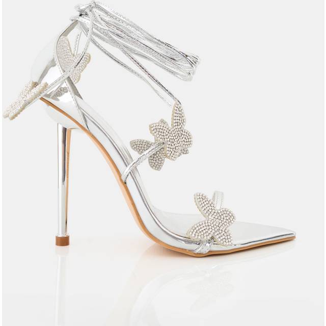 Pageant Queen Silver Mirror Diamante Butterfly Detail Lace Up Pointed Toe High Heels - silver