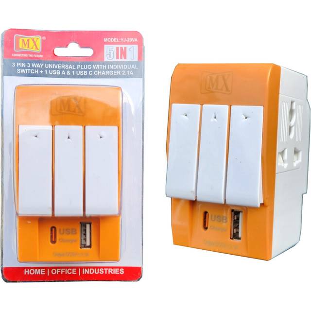 MX UK To India Multi Plug Travel Adapter With 1 USB & 1 USB Type-C Charging Port