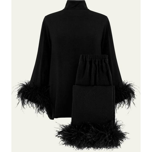 Black Tie Cropped Feather-Trim Pajama Set - BLACK - X-Small