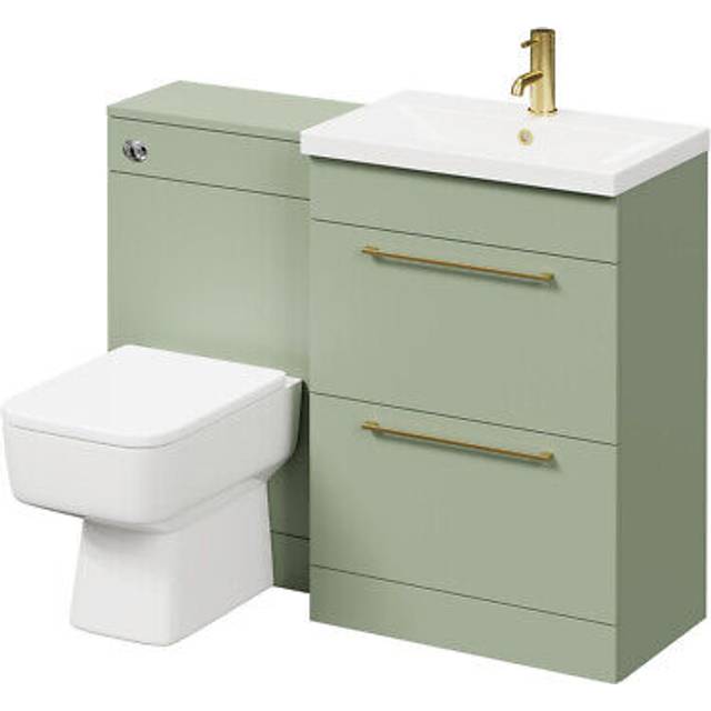 Napoli 390 Vanity Unit Toilet Suite with 1 Tap Hole Basin and 2 Drawers with Brushed Brass Handles | Olive Green | ABS Polished Chrome | 1100mm