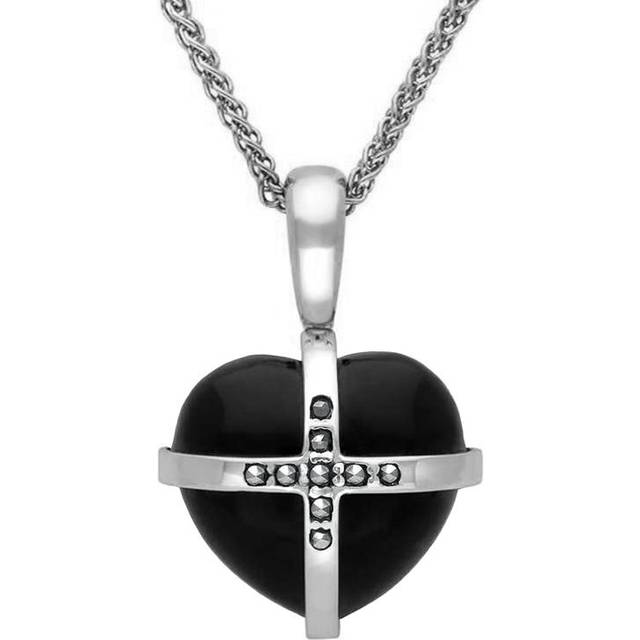 Sterling Silver Whitby Jet Marcasite Small Cross Heart Necklace - Silver
