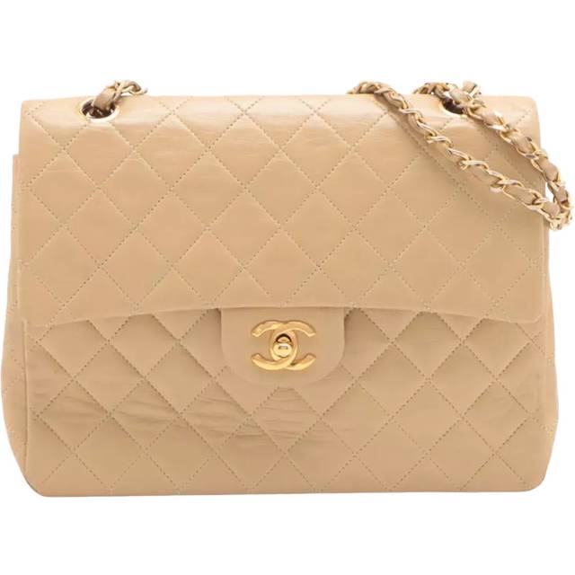 Pre-loved CHANEL Vintage 1986 Lambskin Quilted Classic Double Flap Shoulder Bag, Beige