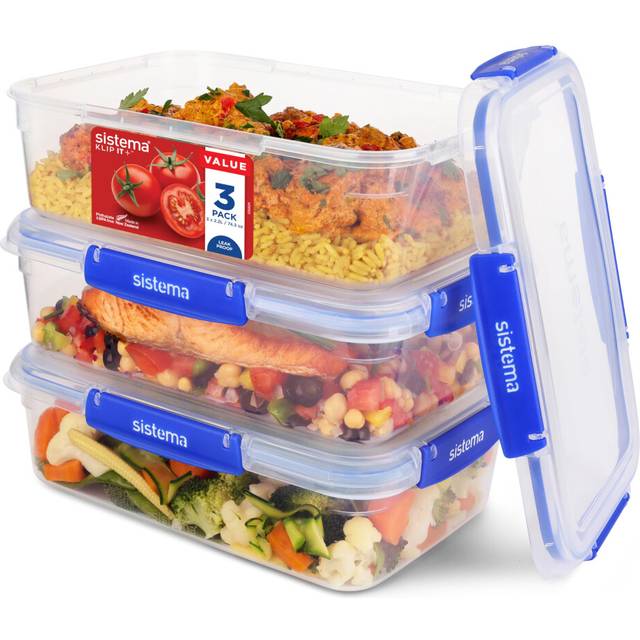 Sistema KLIP IT PLUS Leakproof Food Storage | 2.2 L | Airtight, Stackable & Nestable with Lids | School Lunch Boxes | BPA-Free | 3 Count, Blue
